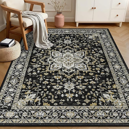 3x5 Area Rugs Living Room Rug: Washable Vintage Boho Medallion Rug No Slip Stain Resistant Soft Carpet Indoor Large Carpets for Bedroom Dining Room Farmhouse Nursery Hallway Home Office Black Gold