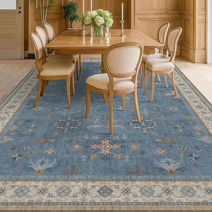 Hazo Haus Blue Big Rugs for Living Room - Dusty Blue 10x12 Area Rug for Large Bedroom, Dining Room, Washable Lightweight Foldable Floral Modern Home Décor