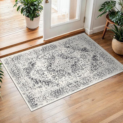 2x3 Entryway Area Rug Washable - Neutral Small Entry Rug Kitchen Rug Runner Vintage Soft Floor Mat Non Slip Indoor Farmhouse Carpet for Bedroom Bathroom Living Room (Distessed Grey)
