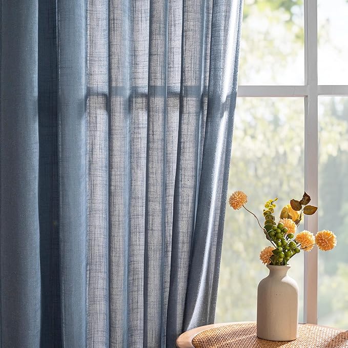 MYSKY HOME Curtains for Living Room 84 Inches Long Semi Sheer Light Filtering Privacy Drapes Linen Look Textured Boho Home Decor, Backdrop Curtain for Parties, 100" x 84", Dusty Blue, 1 Panel
