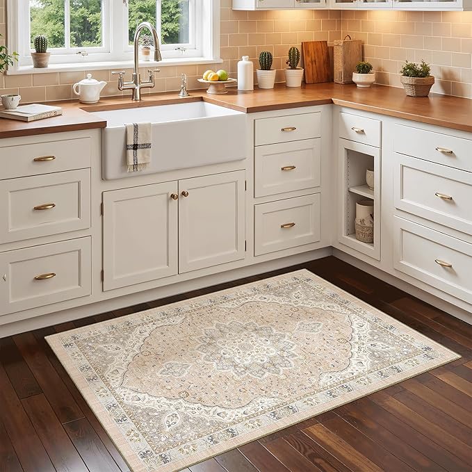 Madane Washable Area Rug 2x3, Small Entryway Rug Non-Slip Vintage Door Mat Indoor Entrance, Low Pile Floor Carpet for Inside Front Door Bedroom Kitchen Entry Laundry (2'x3', Pink/Gray)