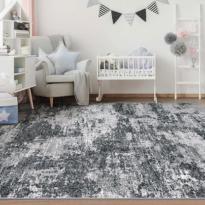 Area Rugs 6x9 for Living Room: Washable Rug Modern Abstract Neutral Soft Non-Slip Low-Pile Indoor Carpet for Bedroom Dining Room Playroom Home Office (Black Grey, 6'x9')