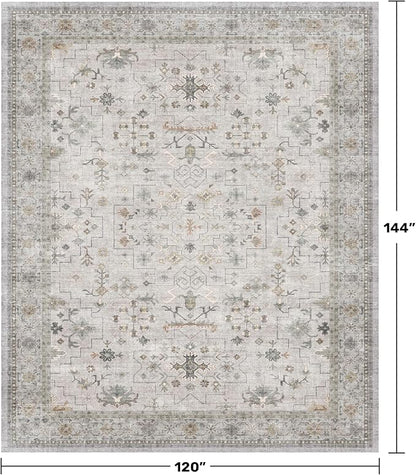 Hazo Haus Boho Light Grey Living Room Rug 10x12 - Modern Vintage Eclectic Floral Pastel Neutral Taupe, Washable Low Pile Non-Slip Extra Large Area Rugs for Dining Under Table Bedroom Lounge