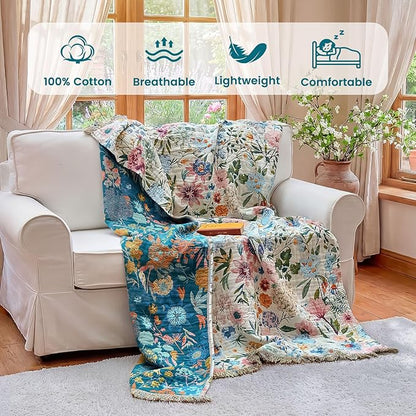 MSGKV Boho Throw Blanket 60"x80" Bed Floral 100% Cotton Blanket Spring Breathable Lightweight Farmhouse Twin Size Couch Blankets Home Decor Muslin Guaze All Seasons
