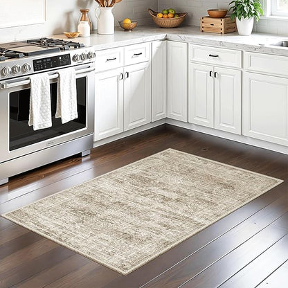 2x3 Washable Rugs for Kitchen, Floor, Entryway, Powder Room Small Area Rug Non-Slip Vintage Low Pile Throw Door Mat Brown