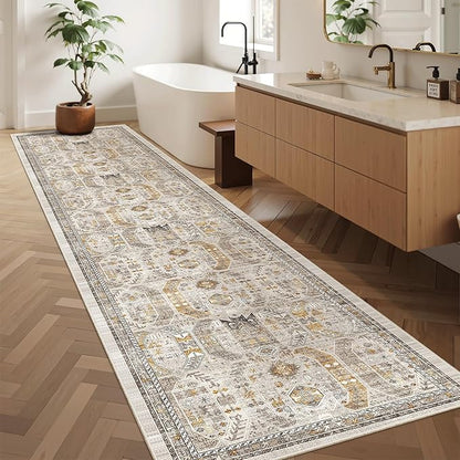 Madane Hallway Runner Rug 2'6''x12' Kitchen Runner, Non Slip Vintage Runners for Hallways Washable Kitchen Rugs Soft Low Pile 2.5x12 ft Rug Runner for Laundry Room, Entryway and Bedroom, Brown/Gold
