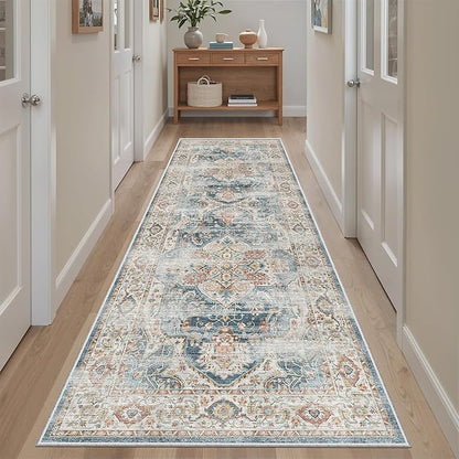 Madane Runner Rug 2'6''x8' Kitchen Runner, Hallway Runner Printed Vintage Washable Rugs Soft Non-Slip Low Pile Runners for Hallways Laundry Room Distressed Floor Carpet, Navy