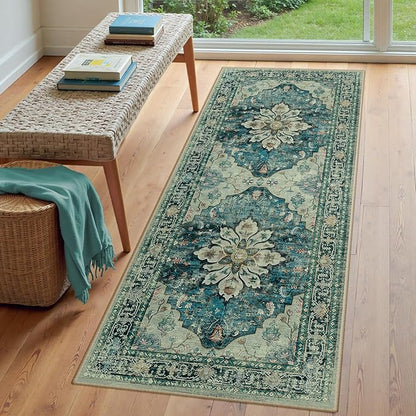 Area Rugs 3'x7' Runner Rug Non Slip Washable for Kitchen Hallway Bedroom Beside Laundry Room Bathroom Rug, Floor Carpet, Dark Blue Vintage