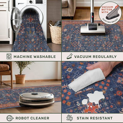 Hazo Haus Navy Blue Runner Rug 2x5 for Hallway, Kitchen, Bathroom, Mudroom, Laundry Room, Washable Non Slip Non Skid Rubber Backing Low Pile Stain Resistance