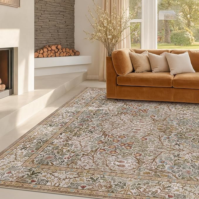 Hazo Haus Vintage Moss Green Living Room Rug, Neutral Taupe 8x10 Washable Area Rugs for Bedroom, Dining Room Rugs Under Kitchen Table, Oriental Low Pile Stain Resistant Non-Slip Large Rug