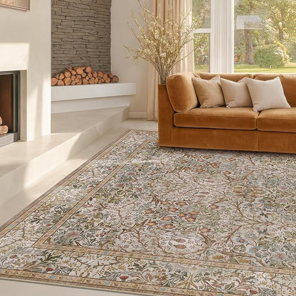 Hazo Haus Vintage Moss Green Living Room Rug, Neutral Taupe 8x10 Washable Area Rugs for Bedroom, Dining Room Rugs Under Kitchen Table, Oriental Low Pile Stain Resistant Non-Slip Large Rug