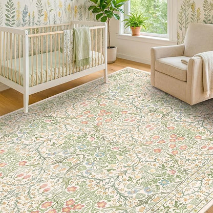 Washable Beige Green 5x8 Area Rug for Living Room, Large Entryway, Kids Room, Boy Bedroom, Playroom - Vintage Oriental Rug Low Pile Non Slip & Stain Resistance (5x8 Beige Green)