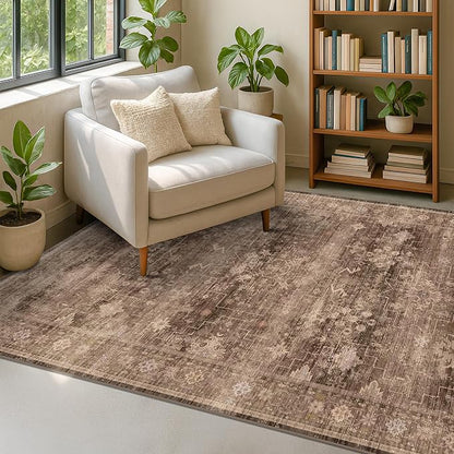 Hazo Haus Taupe Brown 5x8 Rug for Living Room - Vintage Traditional Dark Neutral Geometric, Washable Foldable Non-Slip Area Rugs for Dining Under Table, Home Office, Guest Room