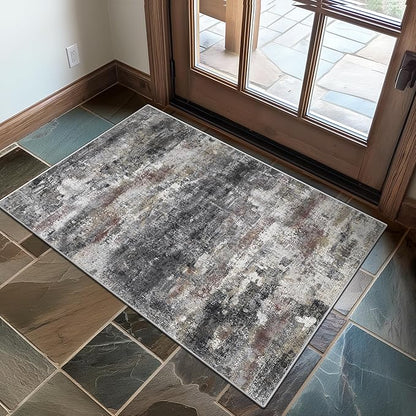 2x3 Rugs for Entryway Entrance Kitchen Bathroom, Machine Washable Modern Abstract Soft Area Rug, Indoor Floor Carpet with Non Slip Rubber Backing, Dark Gray