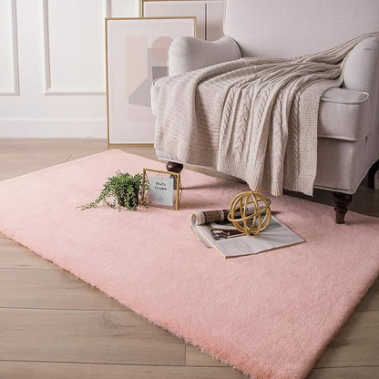 Ashler HOME DECO Ultra Soft Faux Rabbit Fur Chair Couch Cover Area Rug for Bedroom Floor Sofa Living Room Pink Rectangle 3 x 5 Feet