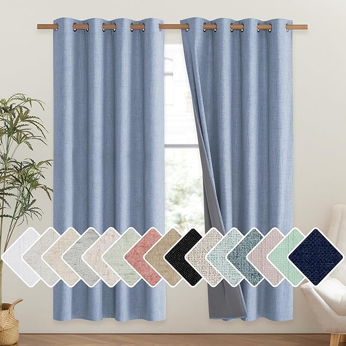 NICETOWN Stone Blue Vintage Linen 100% Blackout Curtains for Living Room, Thermal Insulated Curtains 72" Long, Noise Reducing Window Treatment Drapes for Hall Room, 52" Wide Per Panel, Set of 2