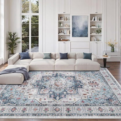 zesthome Area Rugs 9x12, Washable Rug Non-Slip Low Pile Rugs for Living Room, Bedroom, Home Decor Vintage Large Area Rug (Blue,9'x12')