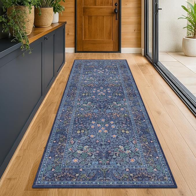 Dark Blue 2'6" x 10' Long Runner Rugs for Hallway, Oriental Floral Washable Non Slip Rug for Kitchen, Entryway Stain Resistant - Vintage Navy Blue Geometric Floral Décor