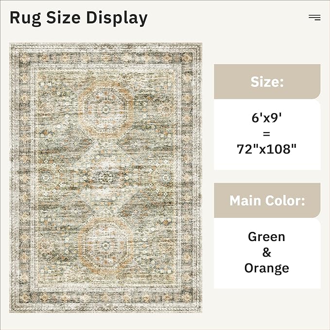 6x9 Area Rug for Living Room Washable 6x9 Non-Slip Modern Rugs for Bedroom Dinning Room Ultra-Thin Indoor Green Orange