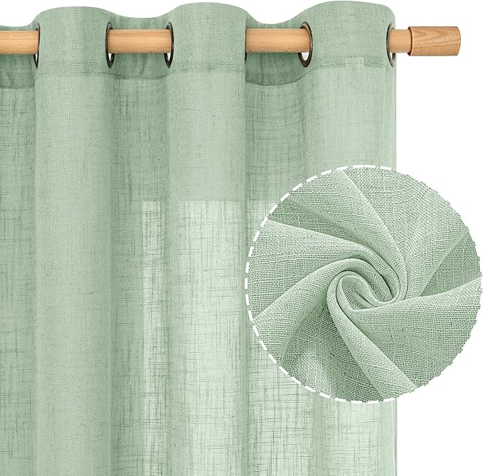 LAMIT Linen Curtains for Living Room 84 inch Length 2 Panels, Light Filtering Semi Sheer Panels Bronze Grommet Farmhouse Drapes for Bedroom/Sliding Glass Door, Fresh Green, 52 x 84 Inch