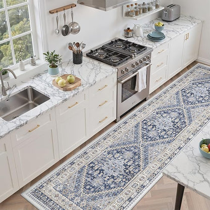 zesthome Washable Runner Rug 2.5x8 - Stain Resistant Entryway Rug,Ultra-Thin Kitchen Rugs, Anti Slip Backing Runner Rugs for Entrance Laundry Room Indoor Hallway (Blue/Beige,2.5'x8')