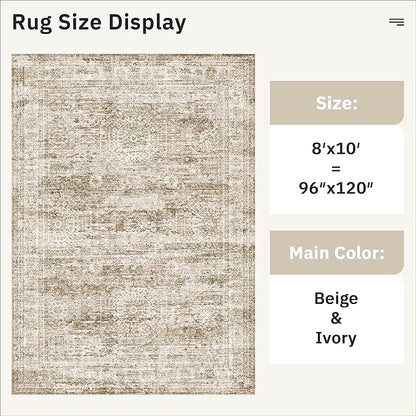 Washable Area Rug 8x10, Large Soft Rugs for Living Room Vintage Area Rugs for Bedroom Dining Room Non-Slip Stain Resistant Brown Under Table Rug