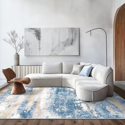 Area Rugs 10x14 for Living Room Bedroom, Modern Abstract Machine Washable Large Blue Cream Rug, Soft Low Pile Floor Carpet with Non Slip Backing for Dining Room