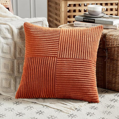 Fancy Homi Set of 2 Burnt Orange Decorative Throw Pillow Covers 22x22 Inch for Living Room Couch Bed, Boho Farmhouse Fall Home Decor, Soft Corss Corduroy Patchwork Textured Cushion Case 55x55 cm