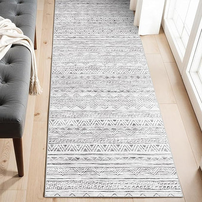 2x6 Washable Hallway Runner Rug - Moroccan Non-Slip Indoor Table Long Runners for Entryway Soft Low Pile Neutral Rugs for Kitchen Waterproof Geometric Carpet for Bedroom Bathroom Laundry 2x6 Grey
