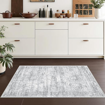 2x3 Washable Rug Runner for Bathroom, Soft Entryway Rug for Laundry Room, Kitchen, Vintage Abstract Hallway Runner for Bedroom, Anti-Slip Door Mat Indoor Entrance(2'x3', Grey/Ivory)