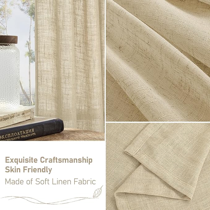 LAMIT Semi Sheer Linen Curtains 48 Inch Length 2 Panels, Light Filtering Panels Back Tab and Rod Pocket Neutral Drapes for Kitchen/Window/Loft Room, 34 x 48 Inch