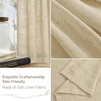 LAMIT Semi Sheer Linen Curtains 48 Inch Length 2 Panels, Light Filtering Panels Back Tab and Rod Pocket Neutral Drapes for Kitchen/Window/Loft Room, 34 x 48 Inch