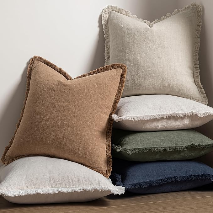 MIULEE Decorative Throw Pillow Covers Neutral Linen Fringe Throw Pillows Euro Shams Set of 2 Light Olive Green Boho Farmhouse Cushions for Couch Sofa Bed Living Room Spring Home Decor 28x28 Inch