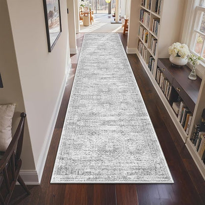3x12 Runner Rug for Hallway, Non-Slip Long Bathroom Rugs Runner for Kitchen, Bedroom, Soft Vintage Abstract Washable Rug for Entryway, Thin Floor Mat for Dining Room(3'x12', Grey/Ivory)