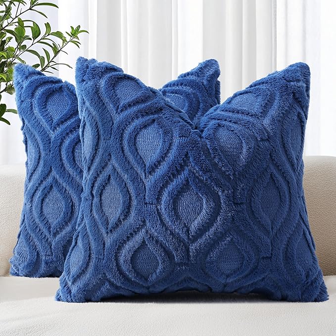 decorUhome Throw Pillow Covers 18x18 Inch Set of 2, Soft Plush Faux Wool Dark Blue Solid Couch Pillow Covers, Accent Farmhouse Neutral Square Pillow Cases for Sofa Bed Living Room
