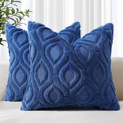 decorUhome Throw Pillow Covers 18x18 Inch Set of 2, Soft Plush Faux Wool Dark Blue Solid Couch Pillow Covers, Accent Farmhouse Neutral Square Pillow Cases for Sofa Bed Living Room