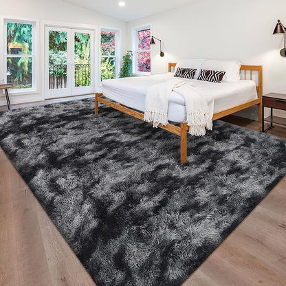 Black Grey Tie-Dyed Rug for Living Room 8x10 Fluffy Area Rug Mat Bedside Throw Rug for Bedroom Kids Room Boys Teens Nursery Baby Dorm Office Home Decor Aesthetic Carpets