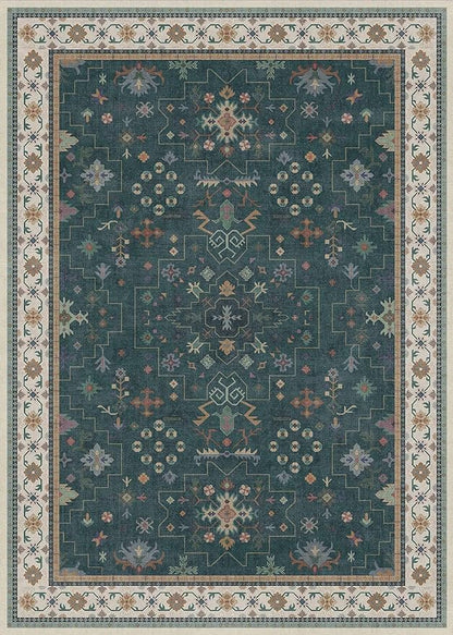 Hazo Haus Dark Green Oushak 5x7 Living Room Rug - Modern Vintage Boho Eclectic Floral Pastel, Washable Low Pile Non-Slip Large Area Rugs for Nursery Dining Under Table Bedroom Lounge
