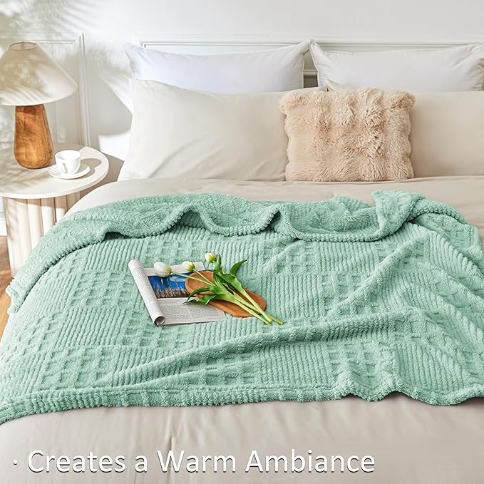 EXQ Home Fleece Throw Blanket for Couch or Bed - 3D Waffle Patchwork Pattern Jacquard Decorative Blankets - Cozy Soft Fuzzy Flannel Blanket Suitable for All Seasons(50"×60",Sage Green)