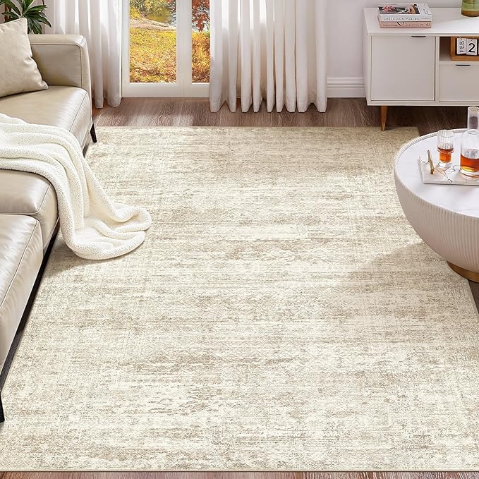 UERMEI 5x7 Area Rug Living Room Rugs - Washable Neutral Modern Abstract Soft Thin Rug Indoor Floor No Slip Rug Carpet for Bedroom Under Dining Table Home Office Decor - Beige/Brown