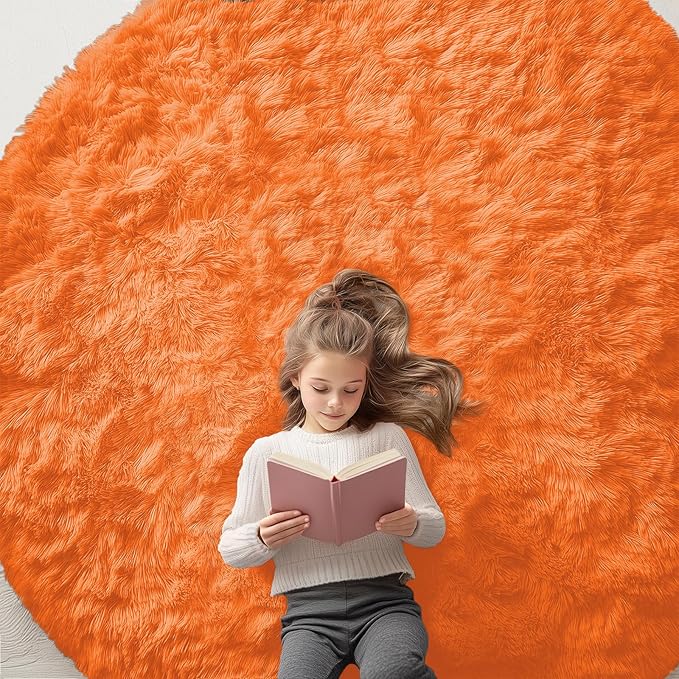 OLANLY Orange Round Rugs for Bedroom - Machine Washable, 7 ft Circle Area Rugs for Living Room, Soft and Fluffy Shaggy Carpet for Teen Girl and Boys, Nursery Rooms, Dorms, Home Decor Aesthetic