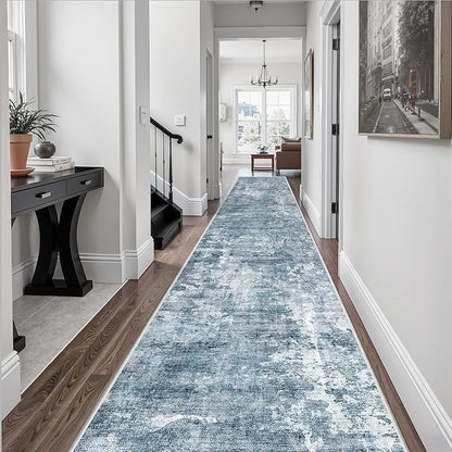 Runner Rug 2'6" x 16' Washable Non-Slip 2.5x16 ft Long Runner Rugs for Kitchen Bathroom Laundry Room Vintage Ultra Thin Runners for Hallway Entryway Blue/Grey