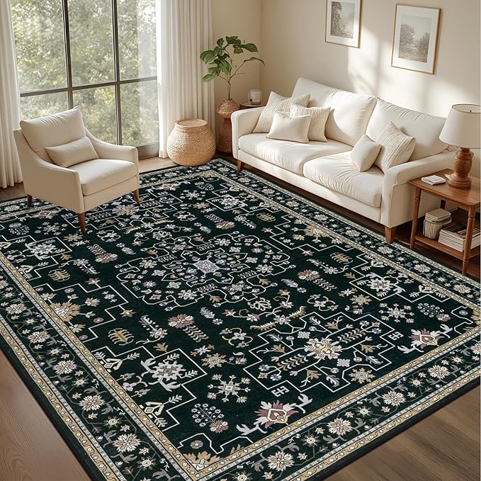 8x10 Area Rugs for Living Room: Washable Rug Soft Vintage Boho Medallion Carpet Indoor Floor Non-Slip Stain Resistant Large Carpets for Bedroom Dining Room Farmhouse Nursery Home Office Black