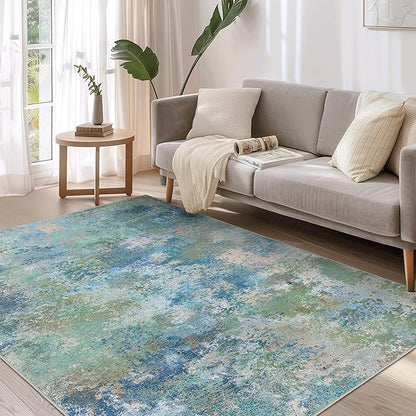 BEIMO Area Rugs 4x6 for Living Room Bedroom, Modern Abstract Machine Washable Rug, Large Soft Low Pile Floor Carpet with Non Slip Backing for Dining Room, Blue Green