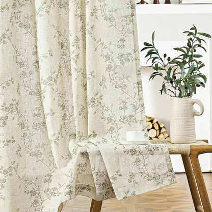 Lazzzy 90 inch Long Curtain for Bedroom Green Floral Linen Drapes for Living Room Farmhouse Country Vintage Light Filtering Curtains Rod Pocket Back Tab, 2 Panels, Green on Beige
