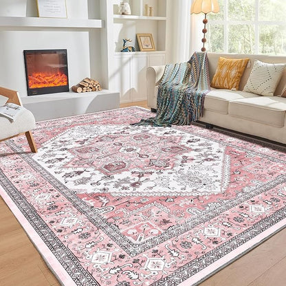 OPPODREAM Soft Area Rugs 4x6, Low-Pile Washable Rugs 4x6 with Non Slip Backing, Faux Cashmere 4 x 6 Throw Carpet, Pink & Cream