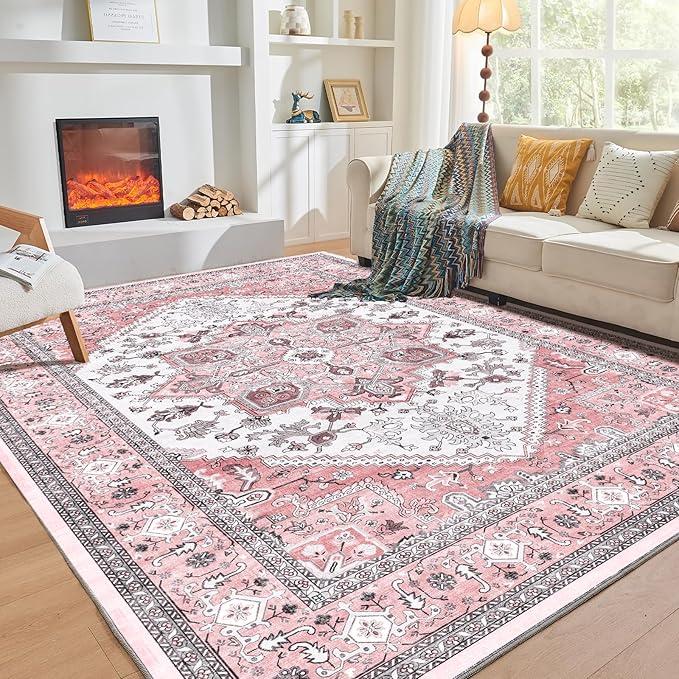 OPPODREAM Soft Area Rugs 9x12 Living Room, Washable Rugs 9x12 with Non Slip Backing, Faux Cashmere Low-Pile 9 x 12 Carpet, Pink & Cream