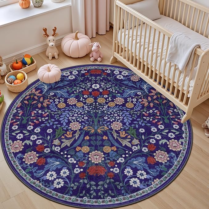 Round Area Rug for Living Room: 6 ft Floral Washable Circle Rug Soft Boho Non-Slip Carpet Indoor Stain Resistant Low Pile Small Circular Rug for Bedroom Entryway Kitchen Nursery Home Office Blue