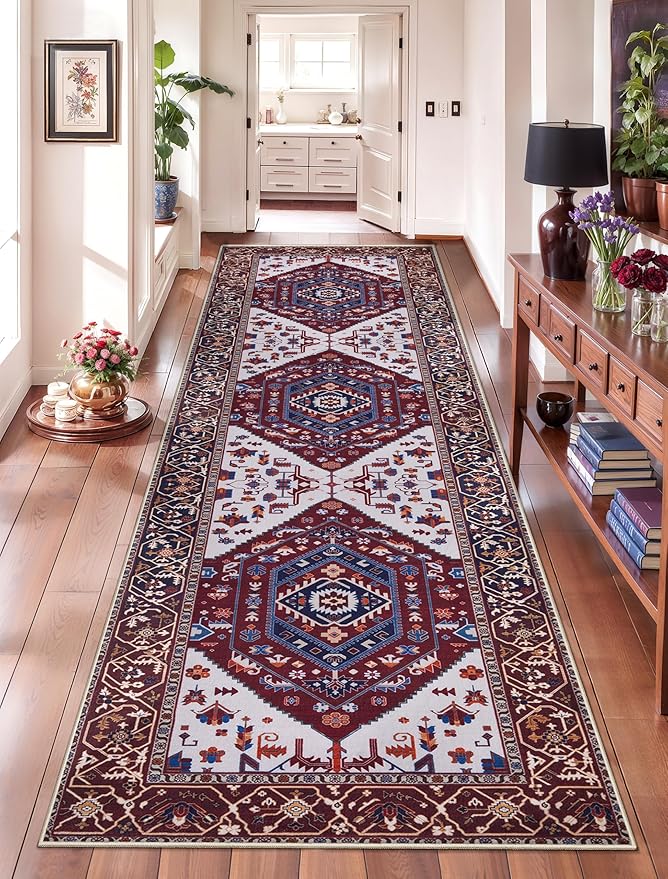 SERISSA Runner Rug for Hallways, 2'6"x8' Washable Non Slip Kitchen Runner Rug, Long Boho Rug Vintage Burgundy Navy Hallway Stair Ultra Soft Print Floor Carpet for Bedroom Bathroom Laundry Room