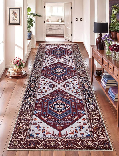 SERISSA Runner Rug for Hallways, 2'6"x8' Washable Non Slip Kitchen Runner Rug, Long Boho Rug Vintage Burgundy Navy Hallway Stair Ultra Soft Print Floor Carpet for Bedroom Bathroom Laundry Room
